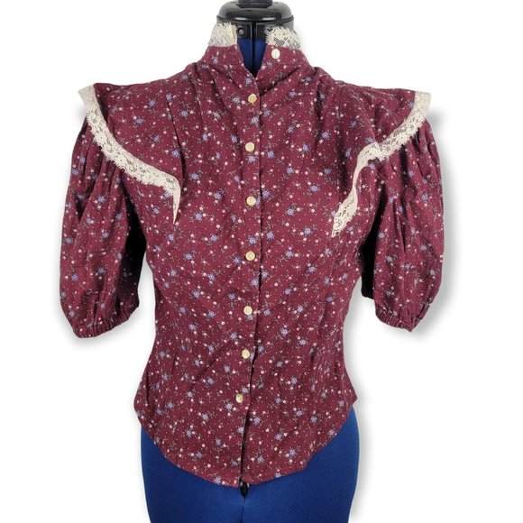 Tops - Vintage Burgundy Floral Lace Puff Sleeve Button Front Prairie Top